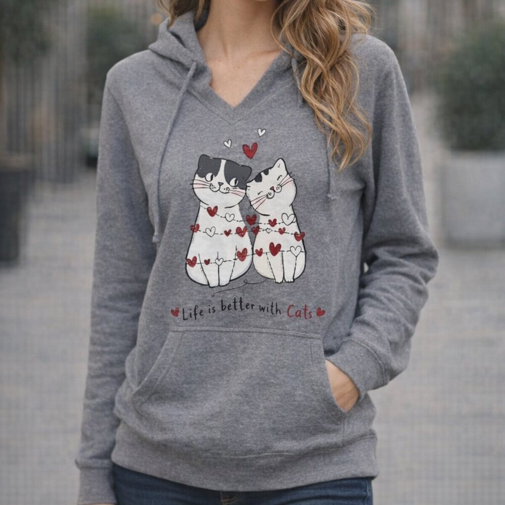 Tek Gear Grey “Life Is Better With Cats” Graphic Hoody Sweatshirt Tunic Style 1X